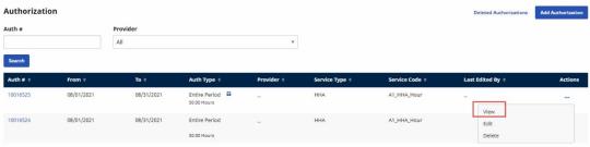 Partial image of the Authorization page showing sample data with the Actions menu (...) at right expanded and the View command highlighted